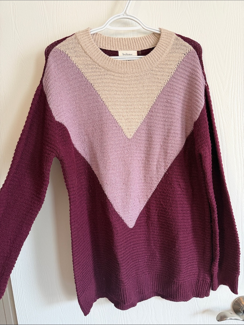 bohme Colorblock Chevron Crewneck Sweater in Burgundy, Pink, Cream